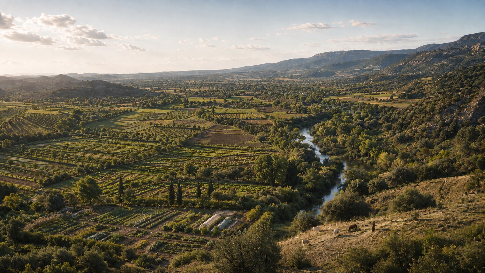 Mediterranean farming valley with a mosaic of fields, a river and grazing livestock at dusk